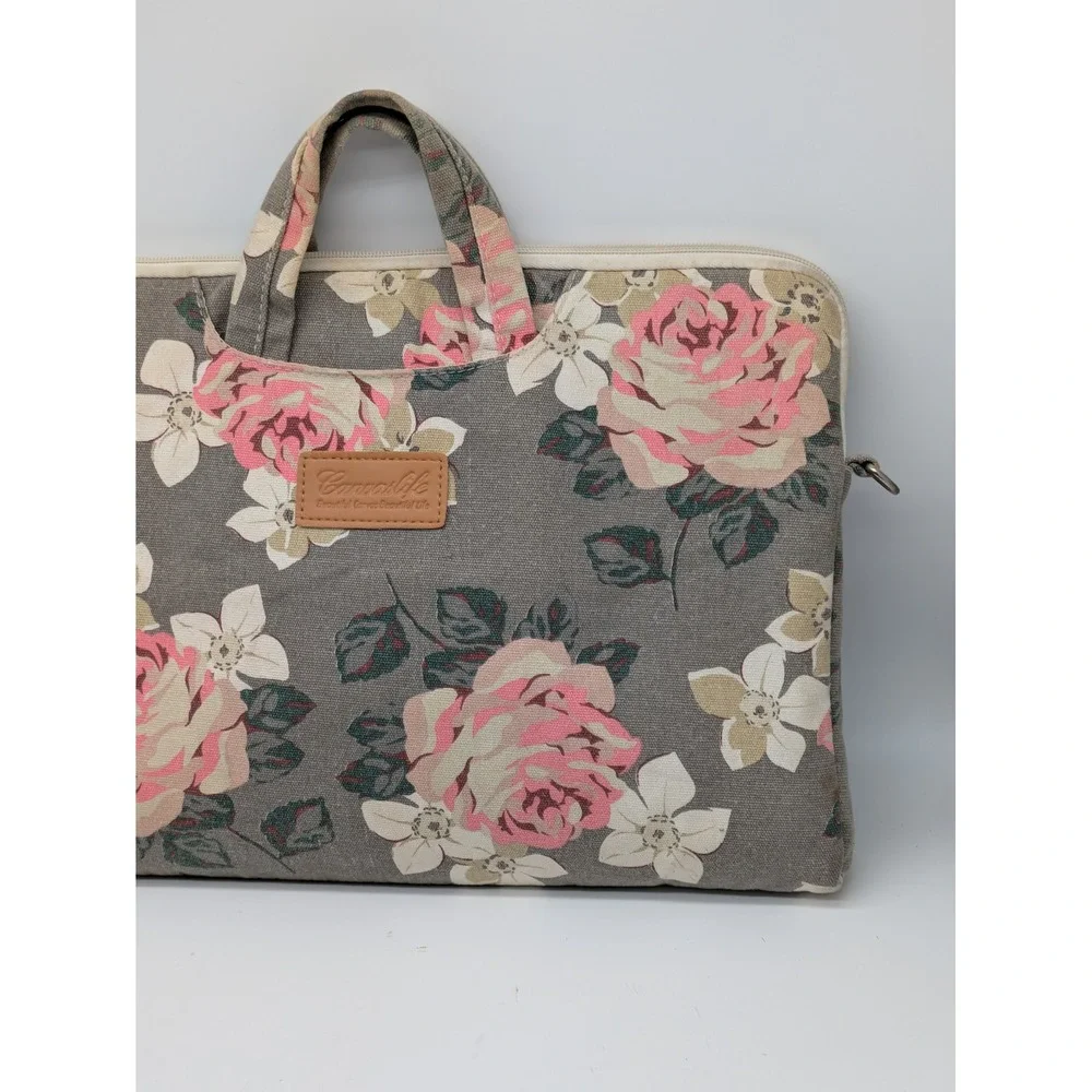 Canvaslife Floral Laptop Bag 16x12 Gray Pink Rose Canvas Shoulder Briefcase